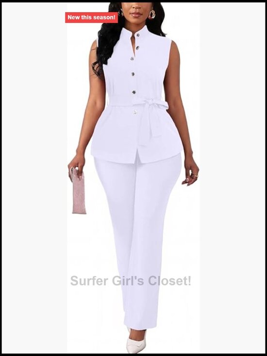 Pants - Sleeveless Belt Button Down Shirts Flare Pant Business Suit Set Dressy Pantsuits